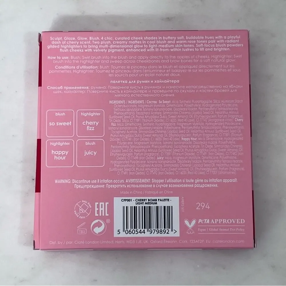 Ciate NIB Cherry Bomb Blush &‎ Highlighter Palette 2 Blush 2 Highlighters